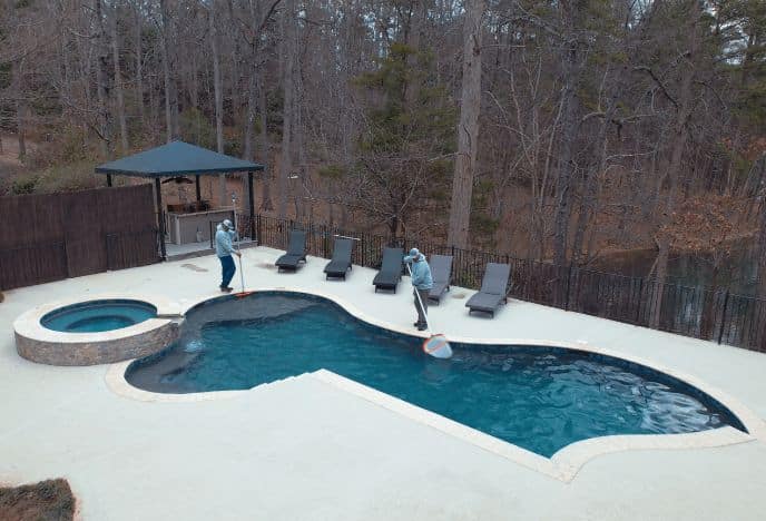 High-level view of a large in-ground pool